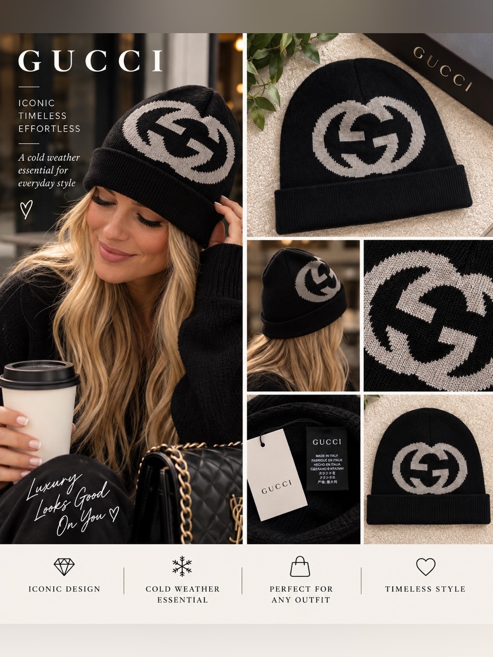Gucci Black & Gray Knit Beanie with Signature Logo